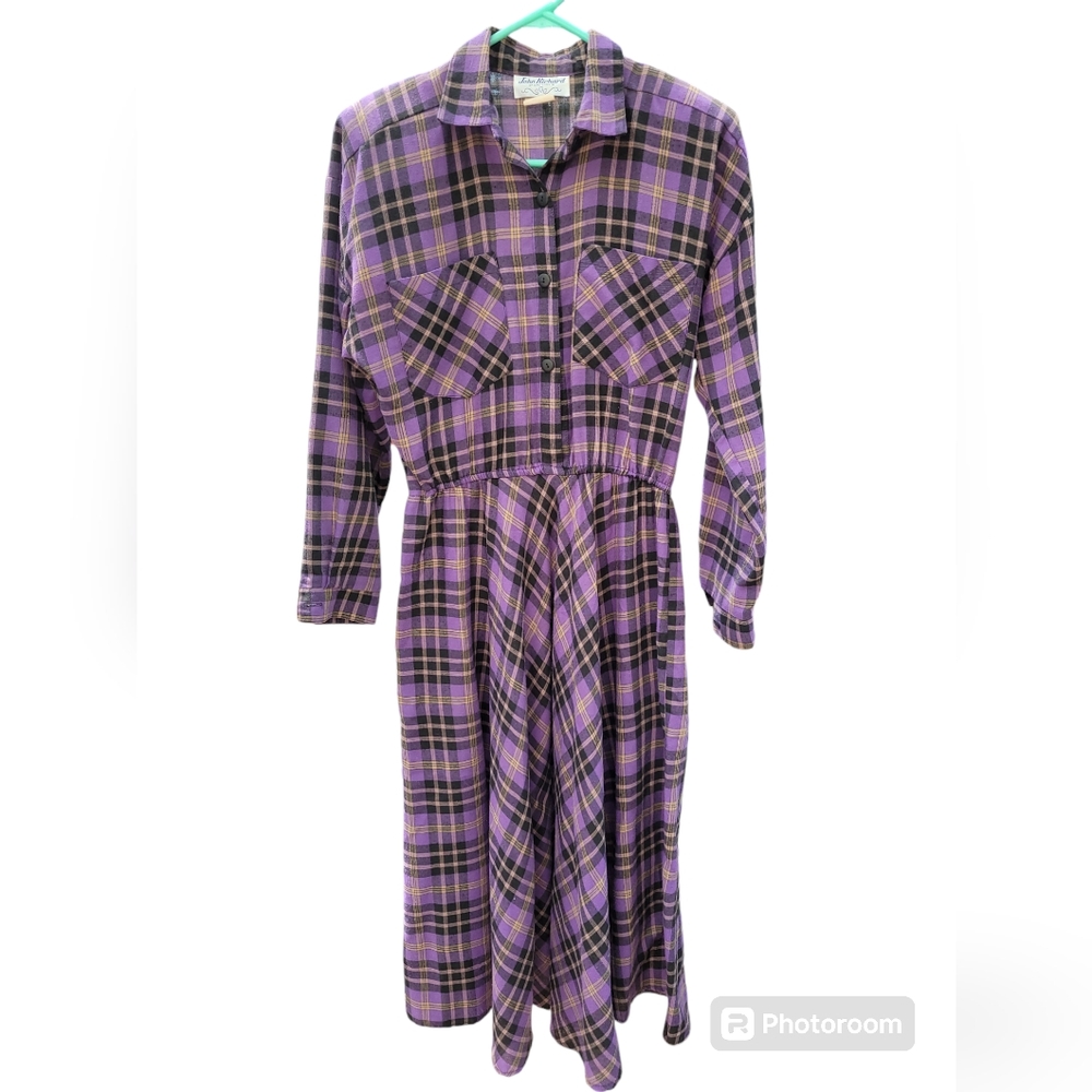 Vtg John Richard Purple Plaid Dress 80s